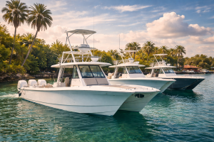 Center console boats for sale running offshore with open deck layouts designed for fishing, cruising, and family use