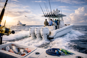 Offshore boats for sale featuring a center console fishing boat running offshore in open water